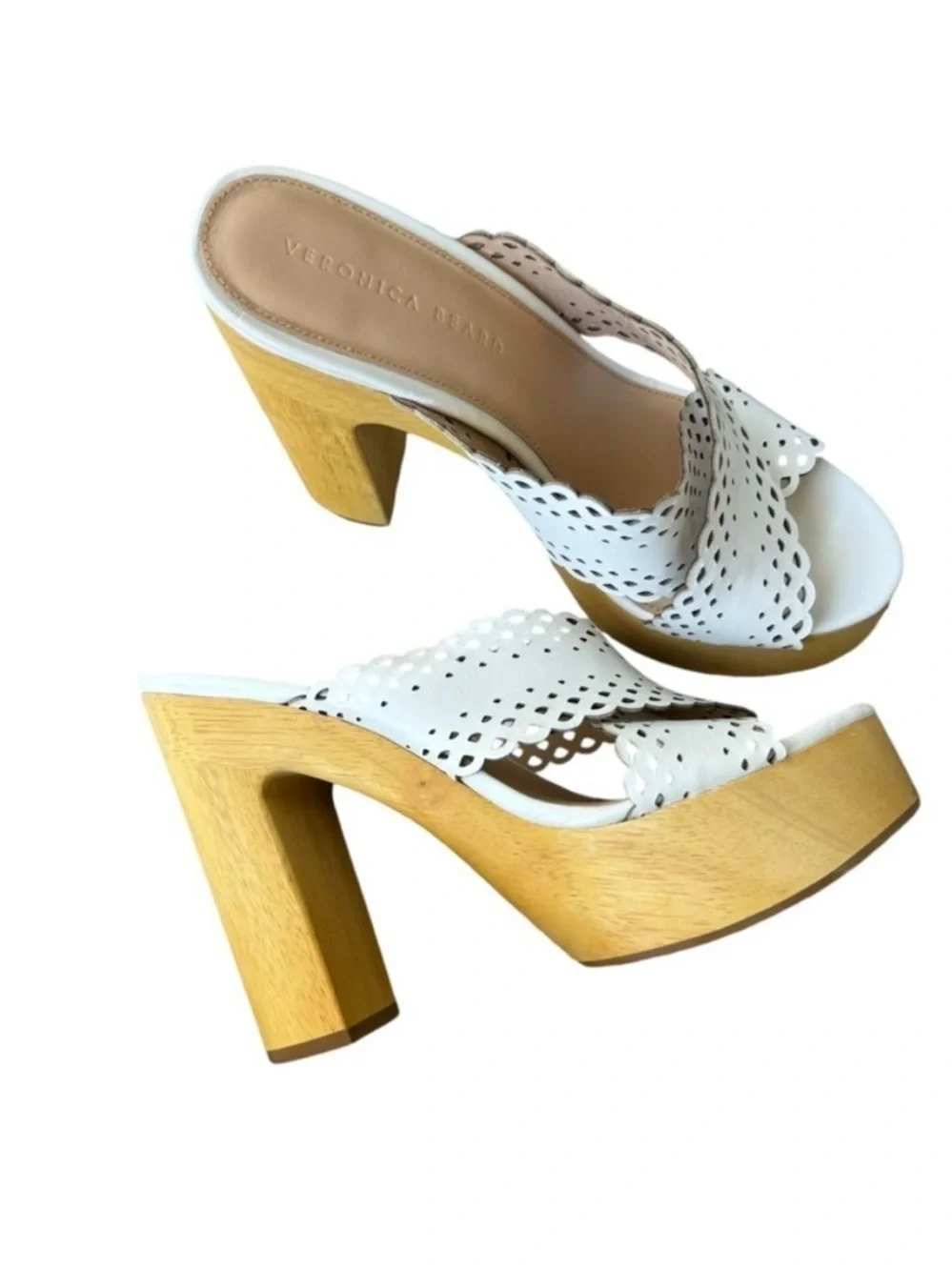 Veronica Beard Gaynor Wood White Laser-Cut Leather Platform Mules